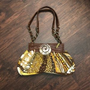 Mary Frances Brown Multi Color Beaded Leather Satin Handbag